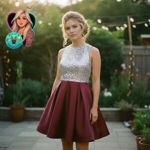 Sparkly Silver Sequin Bodice Red Satin Fit Flare Hoco Prom Dress Women's S Gown